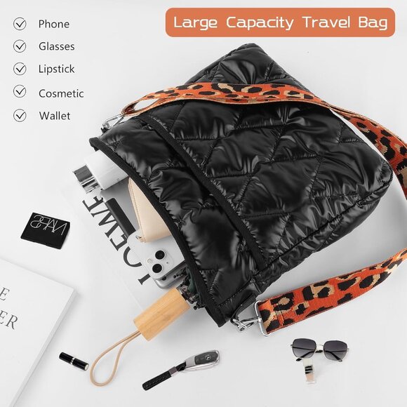 Quilted Cotton Puffer Crossbody Bag with Adjustable Strap for Women - Picture 4 of 8